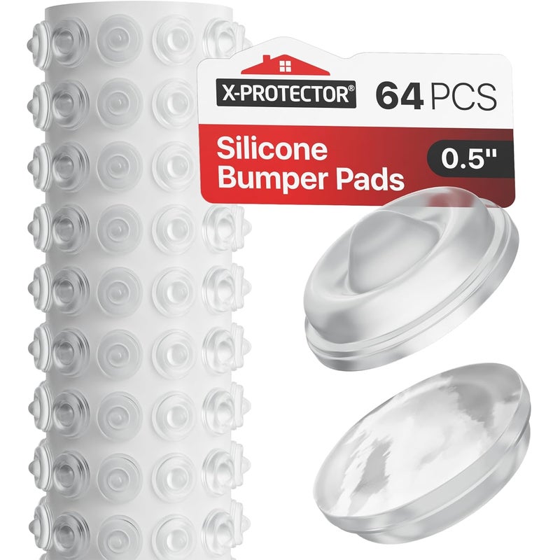 X-Protector Cabinet Door Bumpers 64 PCS – 1/2" Silicone Clear Bumpers – Ideal Cabinet Bumpers – Self-Adhesive Thick Door Silencer – Bumper Pads to Protect Glass & Other Surfaces! - Image 1